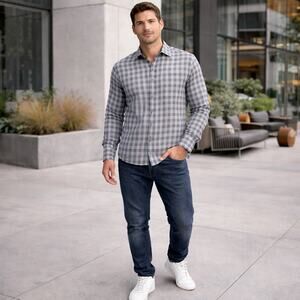 Thomas Dean Mens XXL Blue Check Button Down Shirt Cotton Long Sleeve Casual